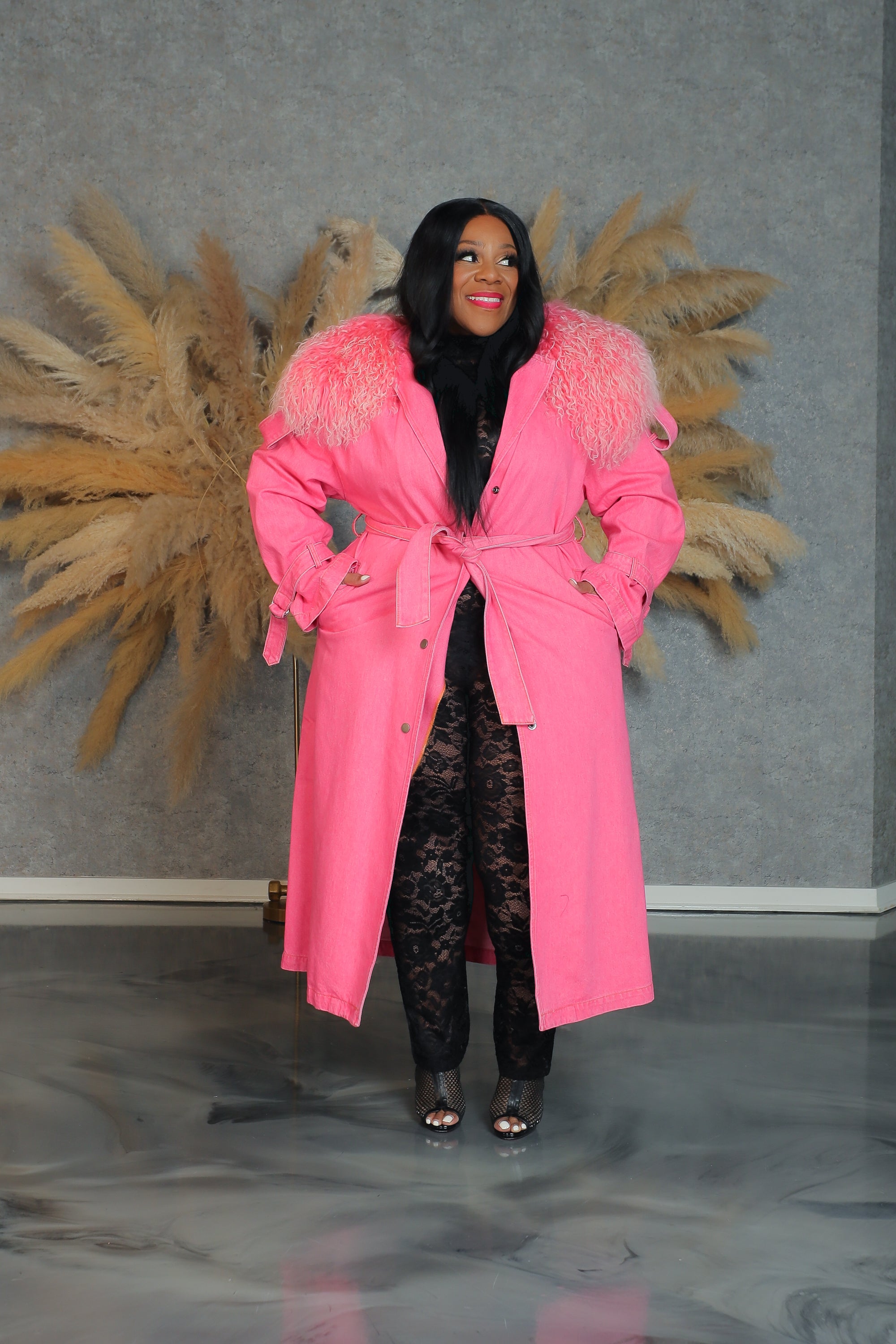 Pink Fur Collar Denim Trench Coat