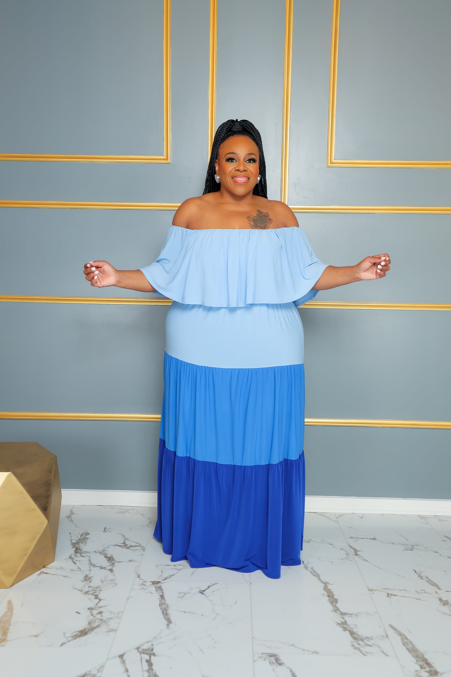 Blue Tri Colorblock Maxi Dress