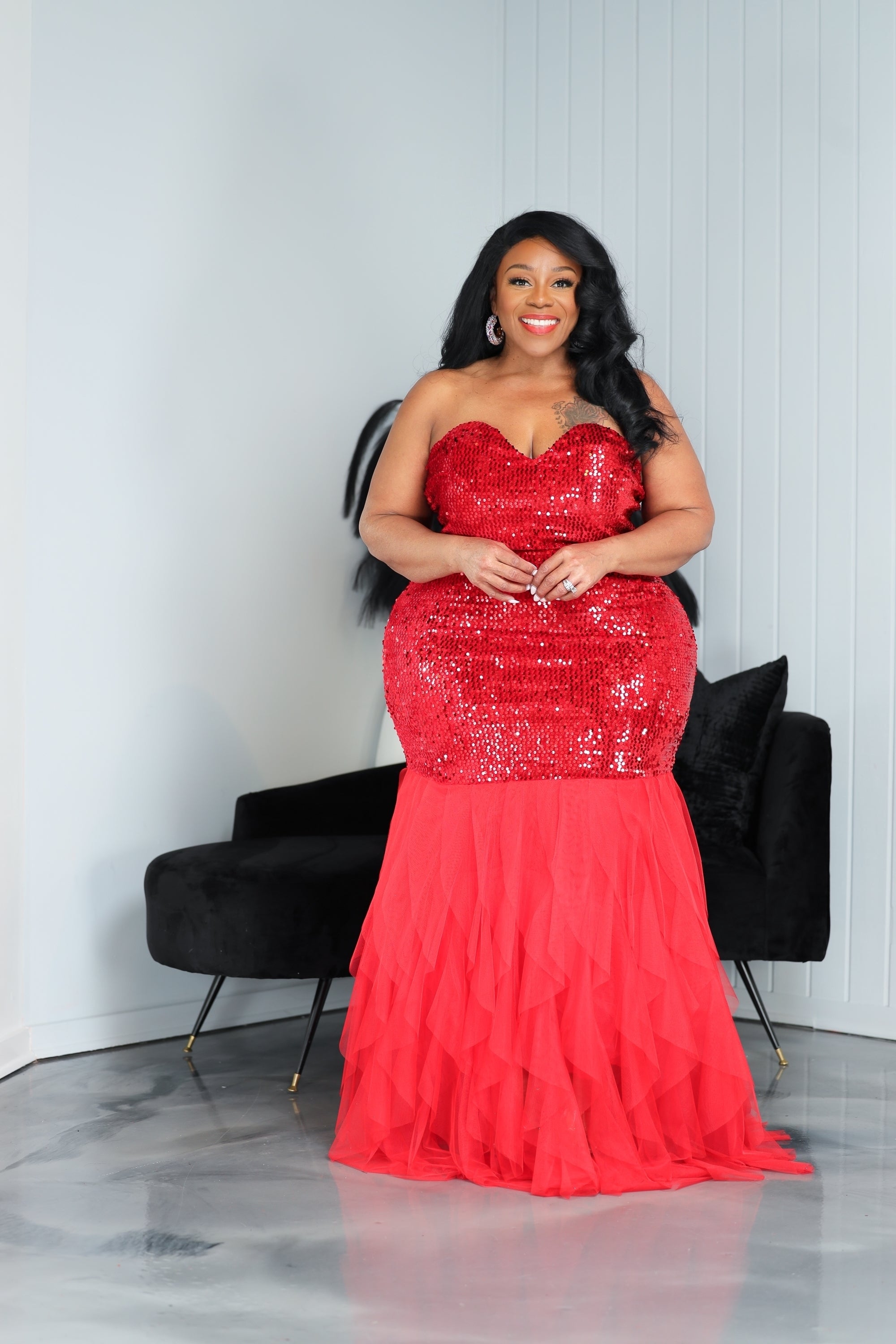 Red Sequin Sweetheart Tulle Gown