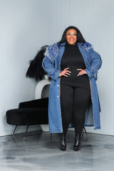 Blue Fur Collar Long Denim Trench Coat