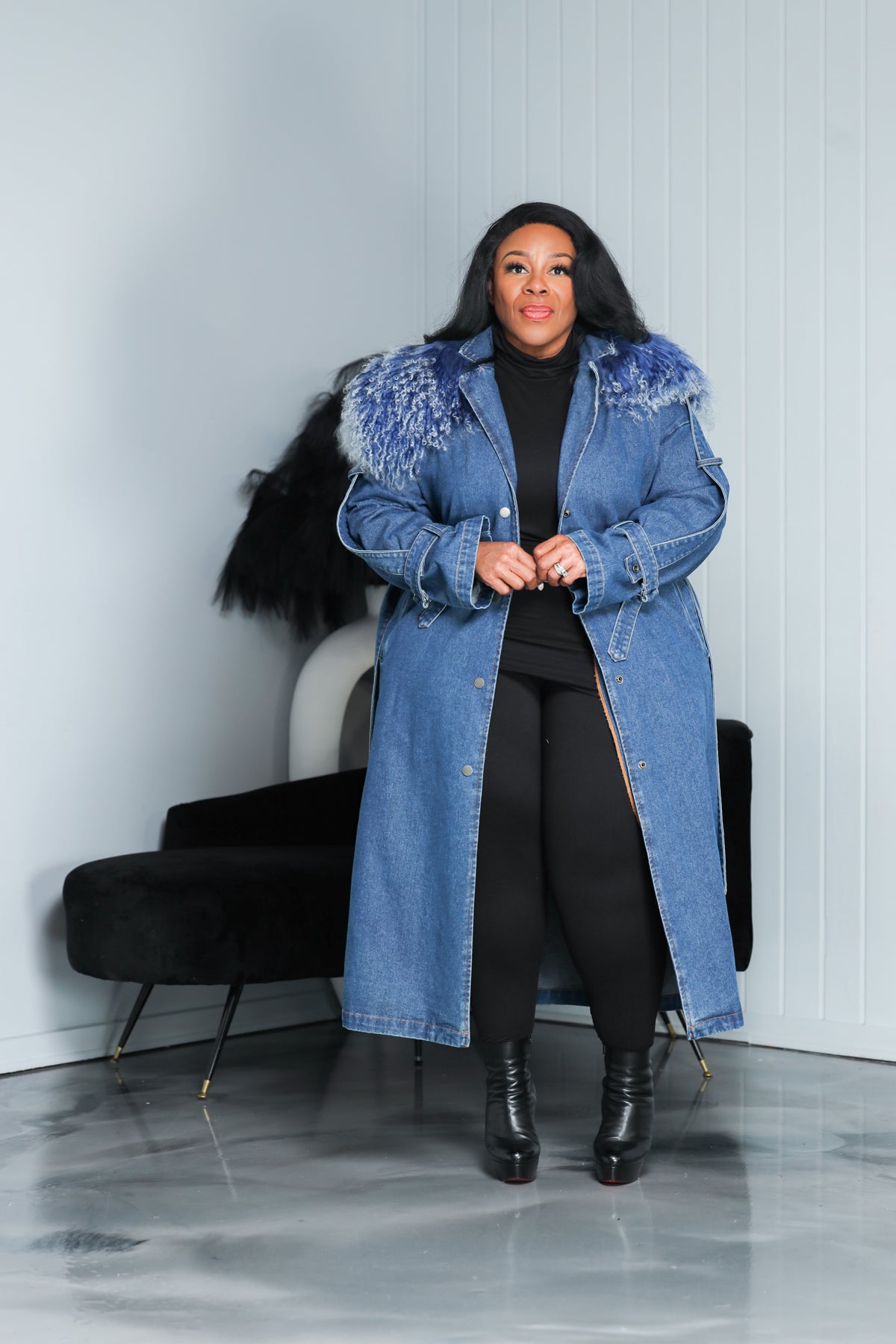 Blue Fur Collar Long Denim Trench Coat