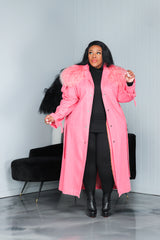 Pink  Fur Collar Long Denim Trench Coat
