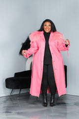 Pink  Fur Collar Long Denim Trench Coat
