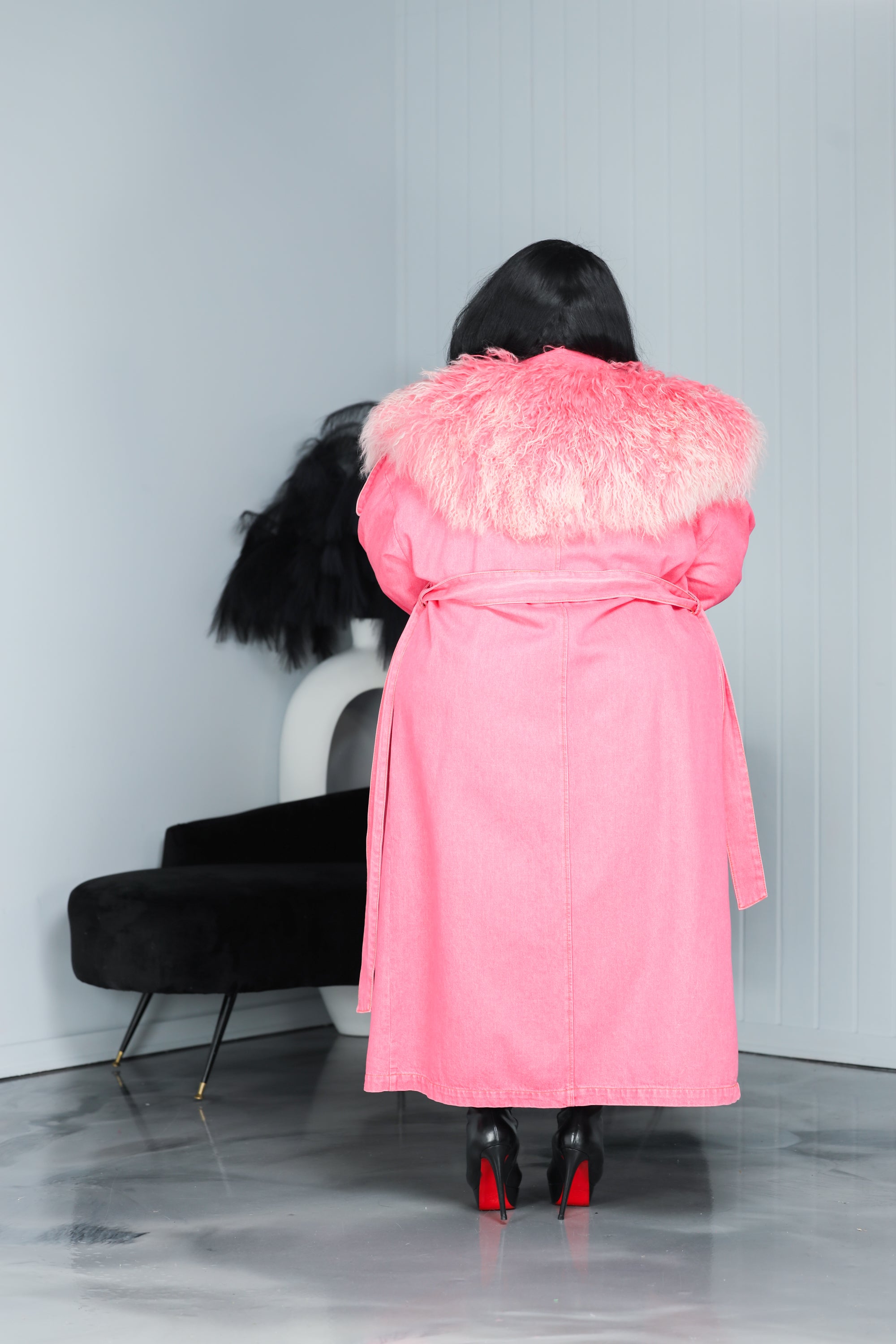 Pink  Fur Collar Long Denim Trench Coat