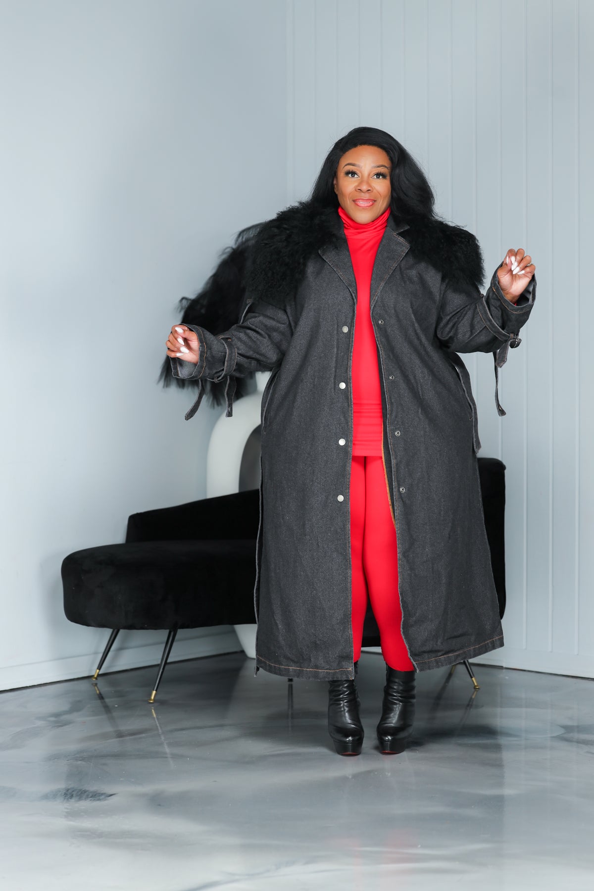 Black  Fur Collar Long Denim Trench Coat