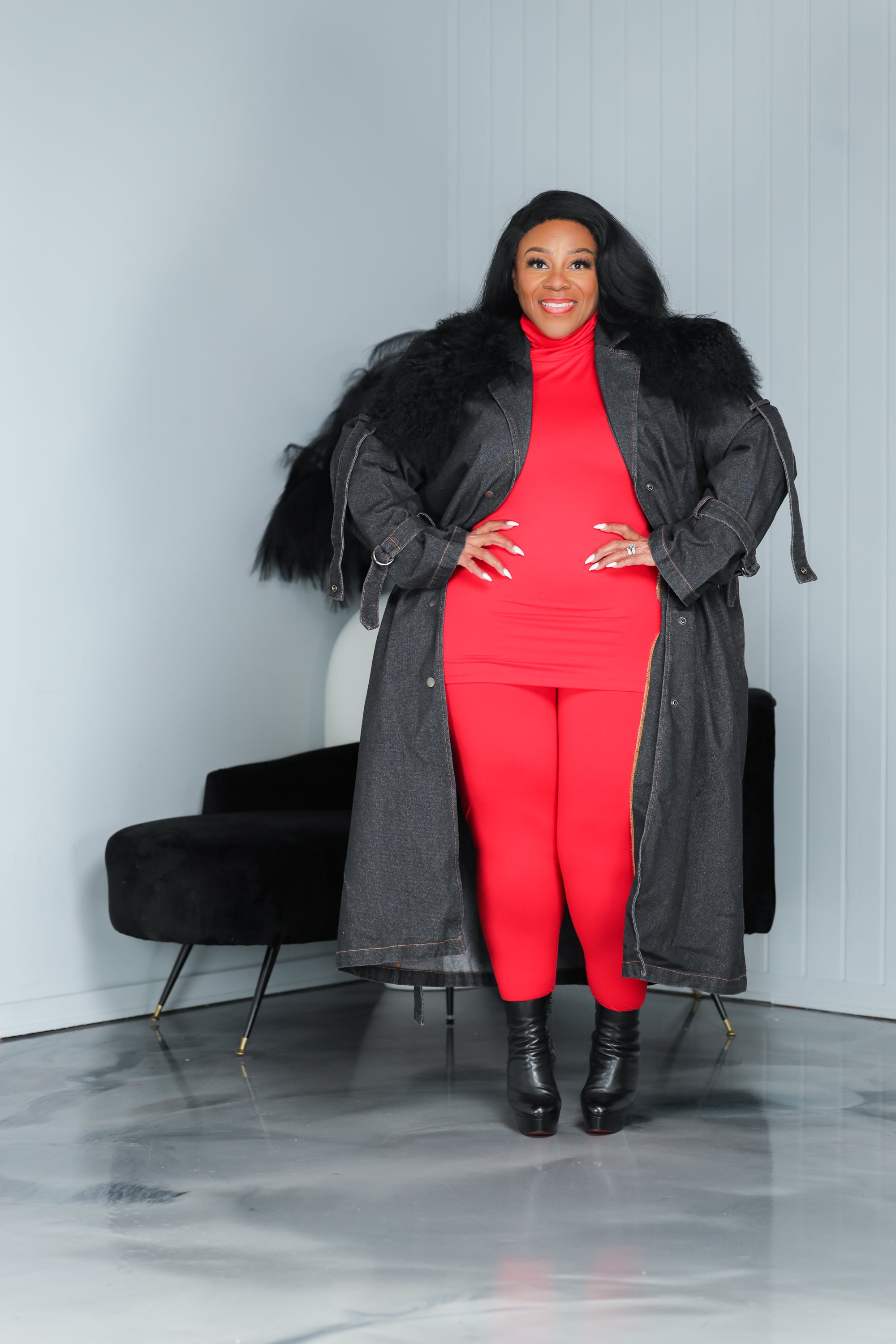 Black  Fur Collar Long Denim Trench Coat