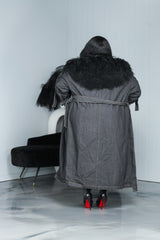 Black  Fur Collar Long Denim Trench Coat