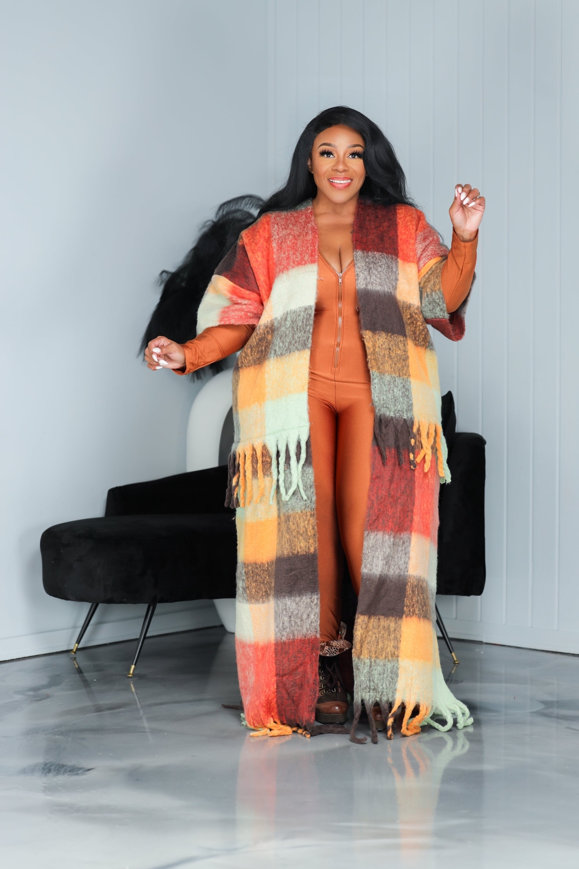 Rust Color-block Tassel Fuzzy Coat