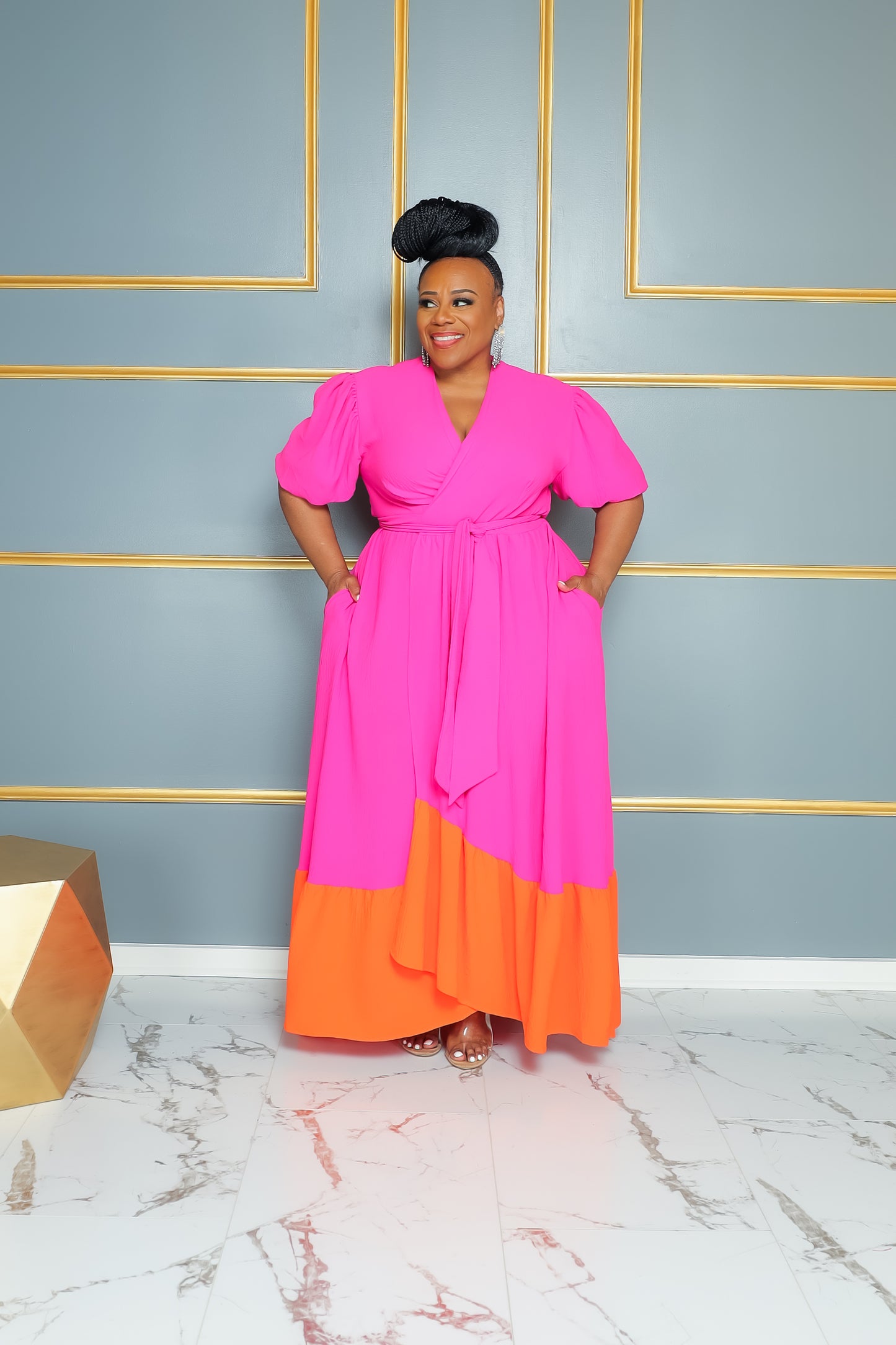 Load image into Gallery viewer, Pink Cassi Colorblock Wrap Dress
