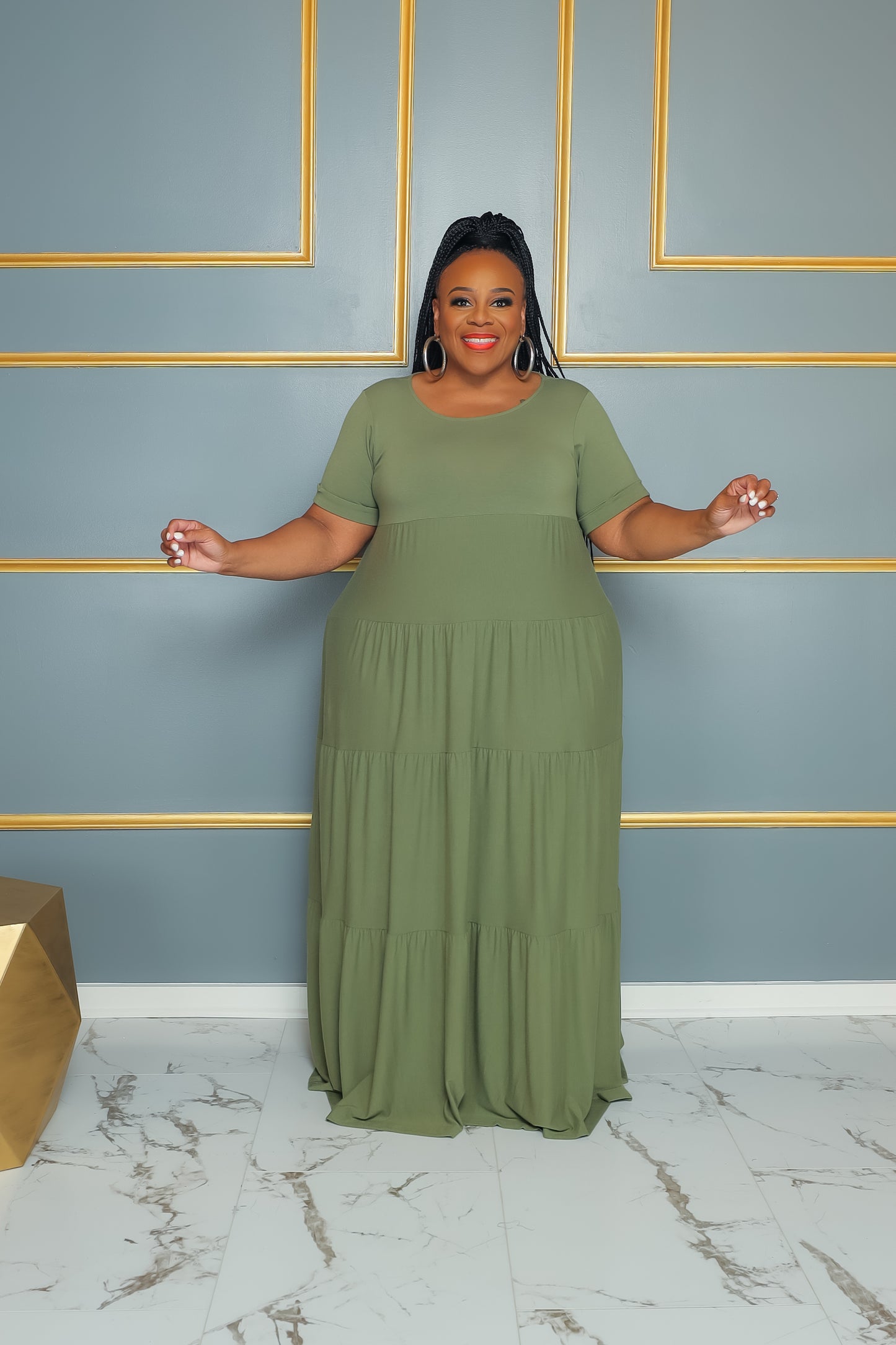 Green Short Sleeve Tier Dress