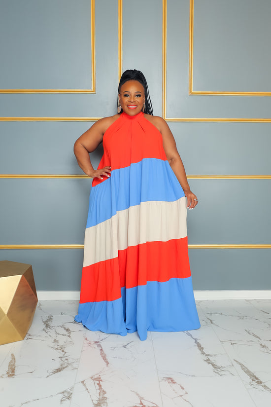 Orange Tri Color-Block Halter Dress
