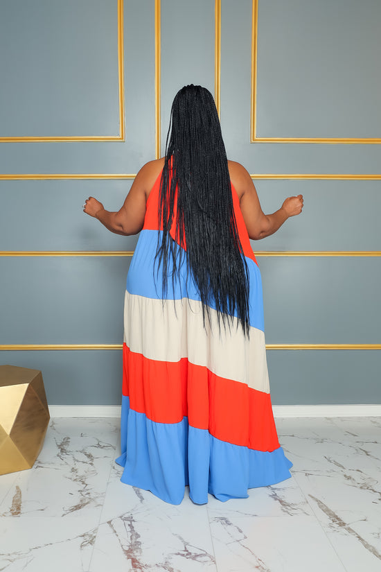Orange Tri Color-Block Halter Dress