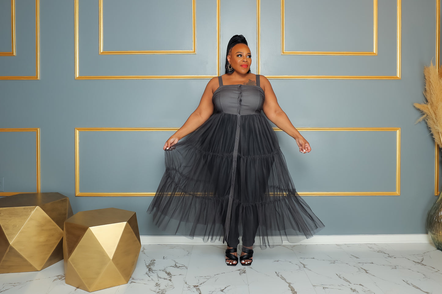 Black Denim Tunic Tulle Top