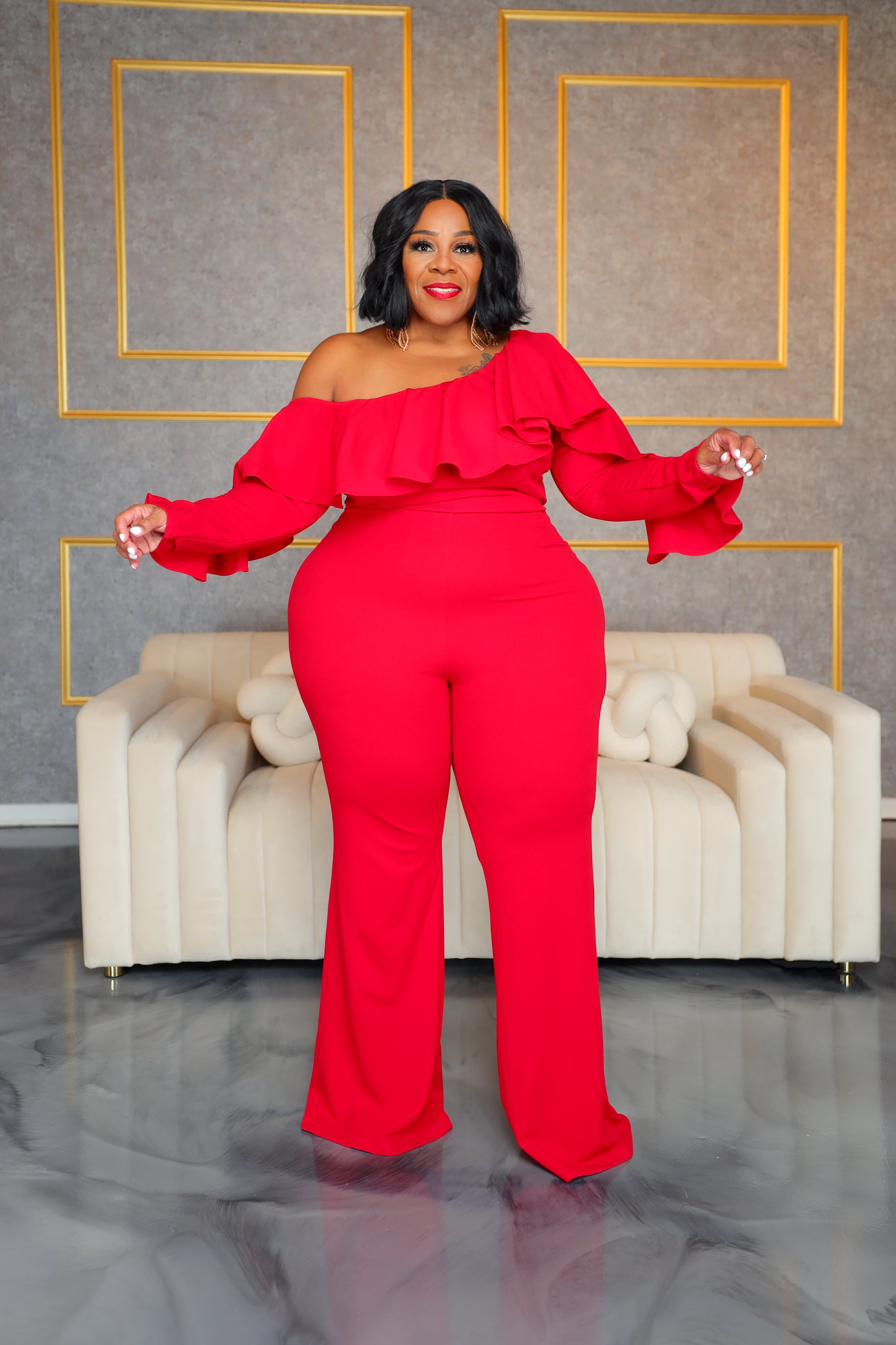 Red cheap ruffle jumpsuit