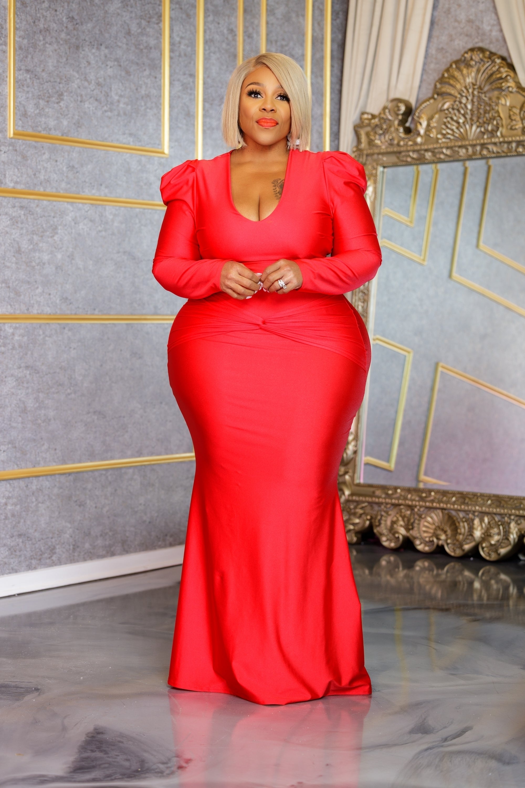 Red Twisted By Waist Gown