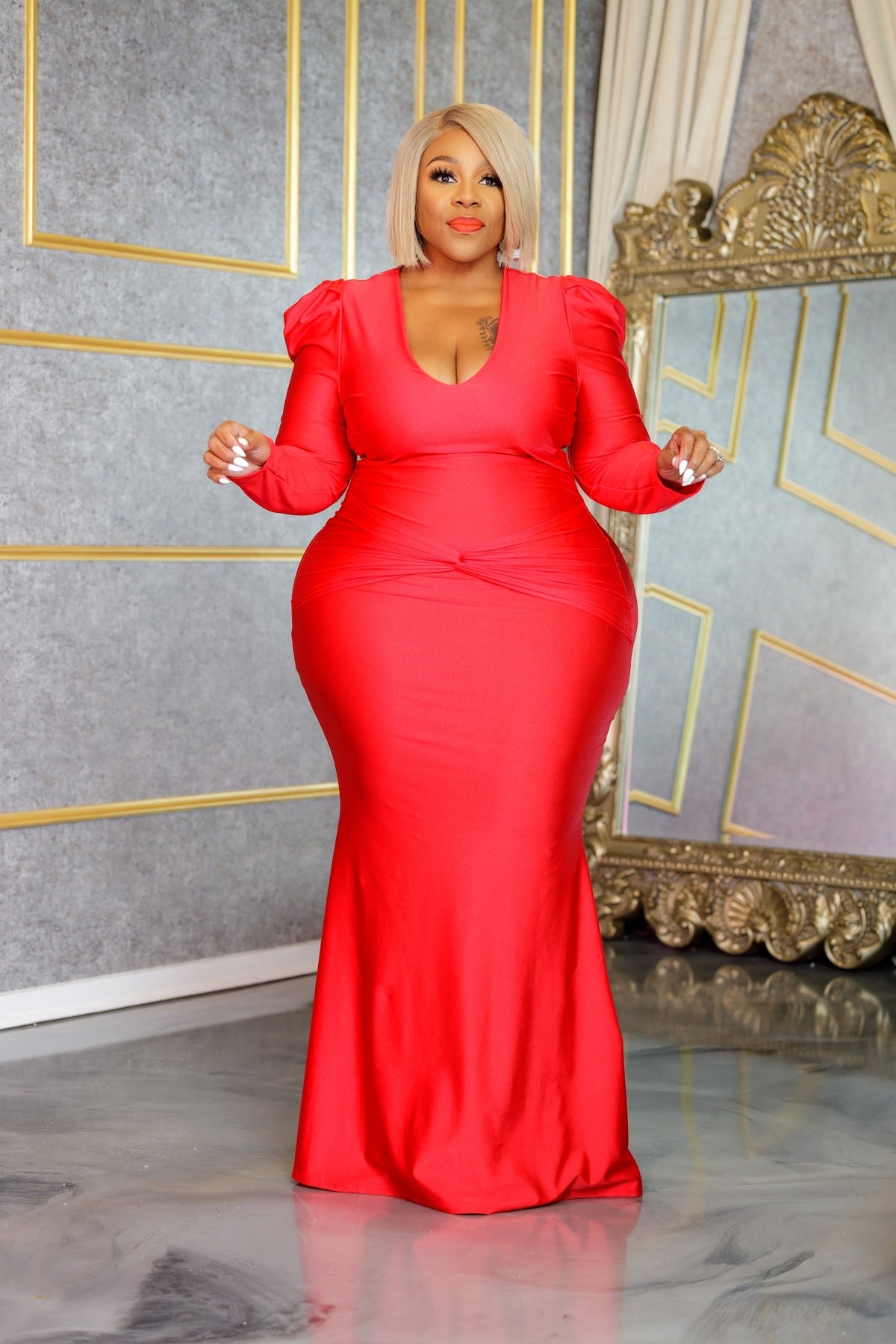 Red Twisted By Waist Gown