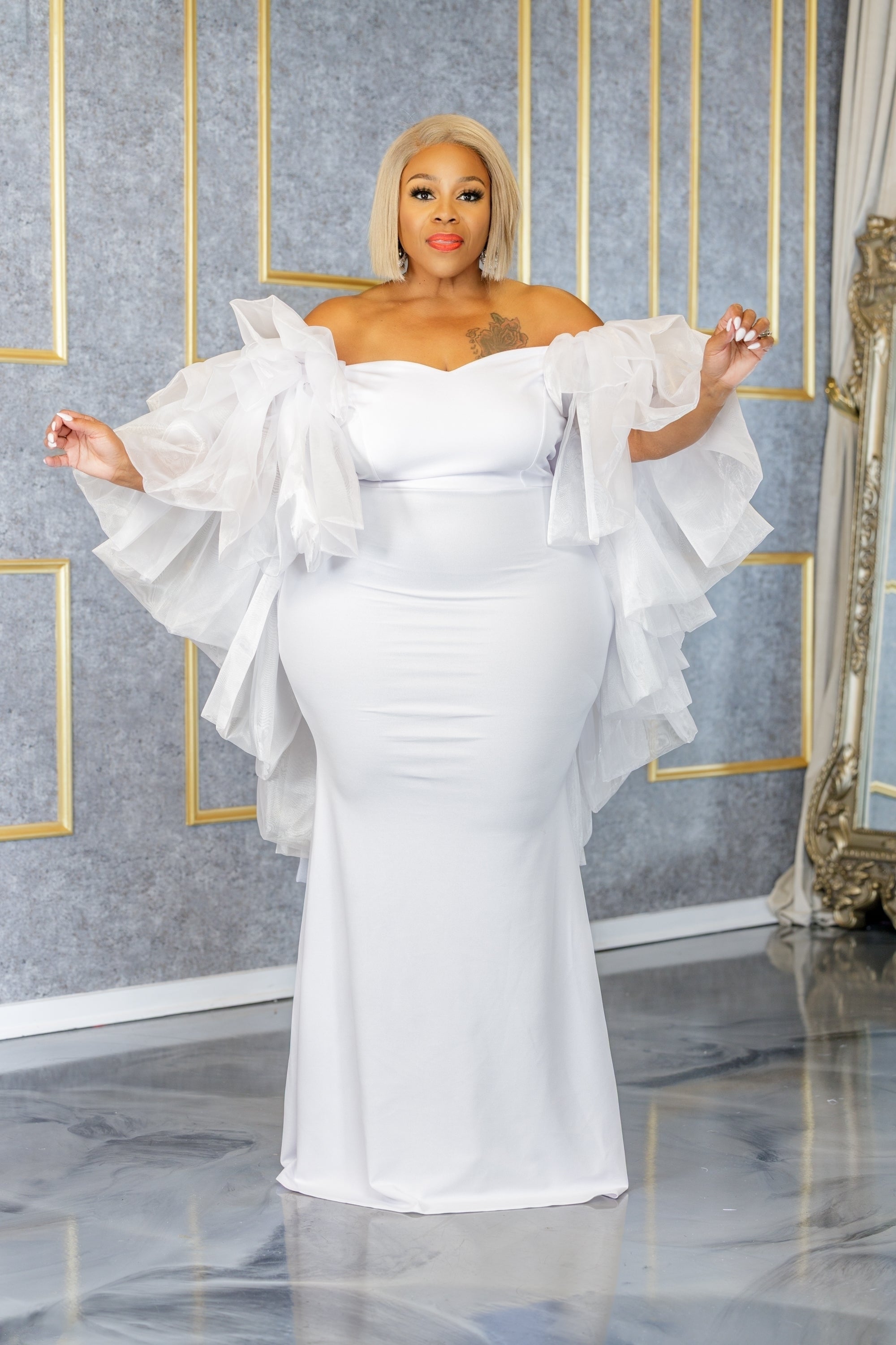 White Whitney Chiffon Draped Gown
