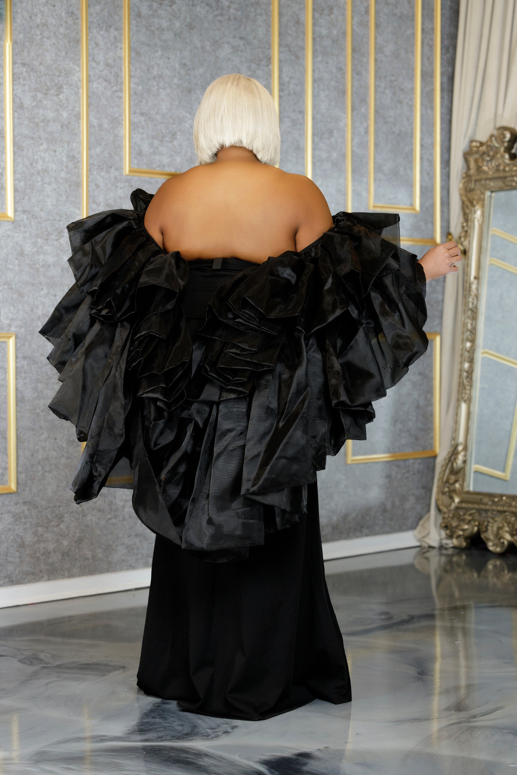 Black Whitney Chiffon Draped Gown