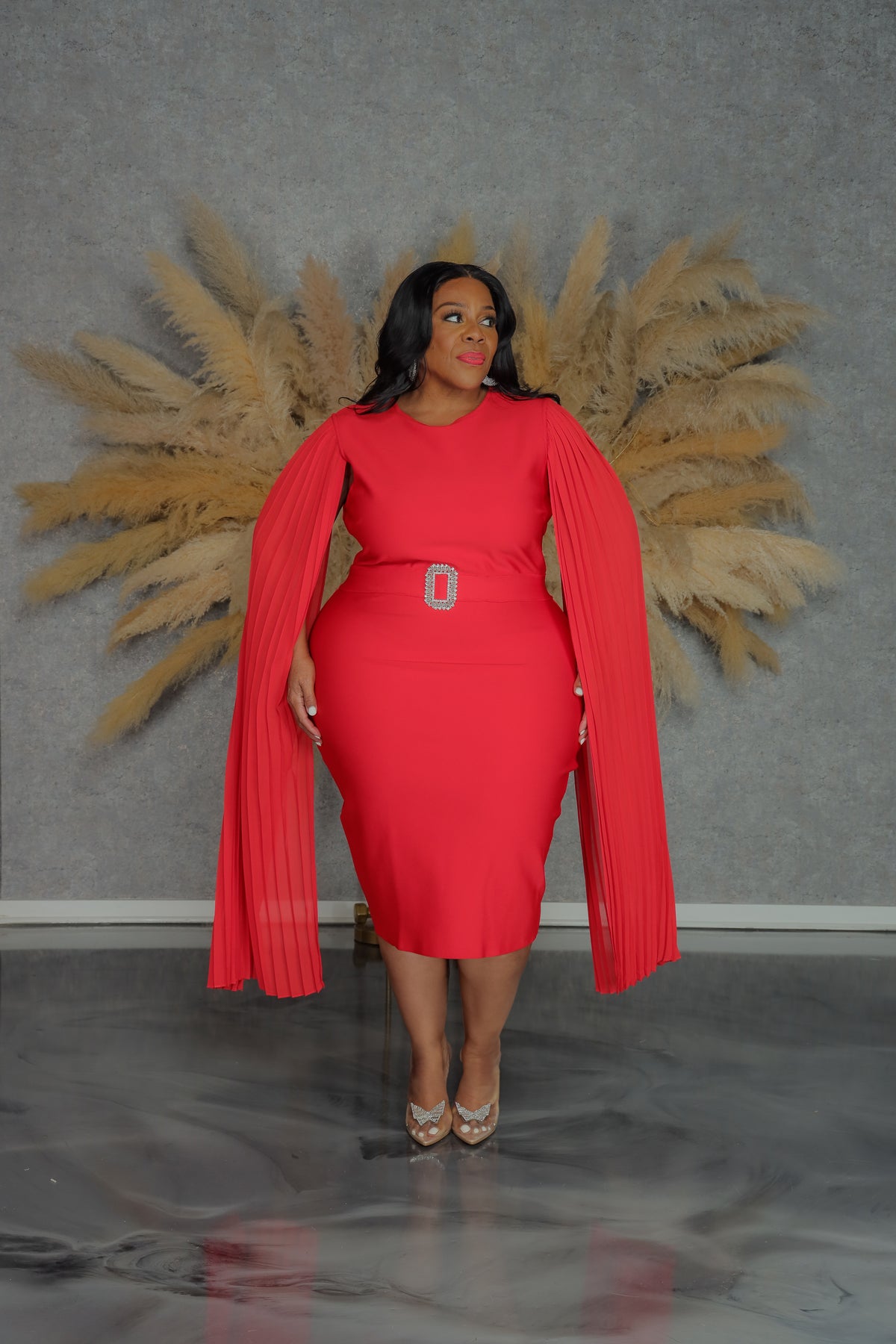Red Pleated Cape Sleeve Dress Red Pleated Cape Sleeve Dress