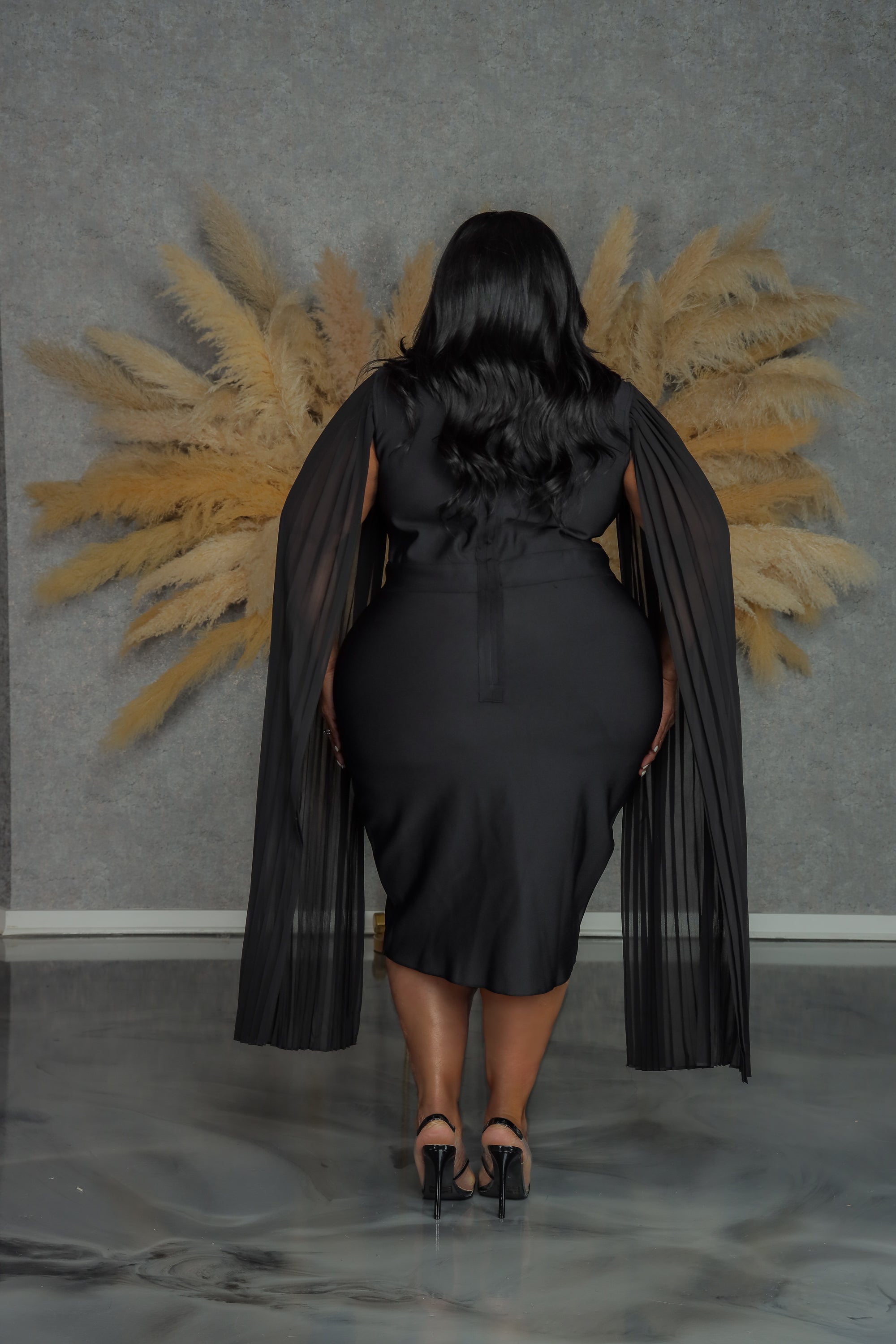 black pleated cape dress Black Pleated Cape Maternity Midi Dress