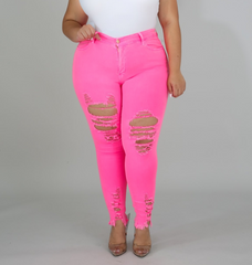 Neon Pink Distressed Jean