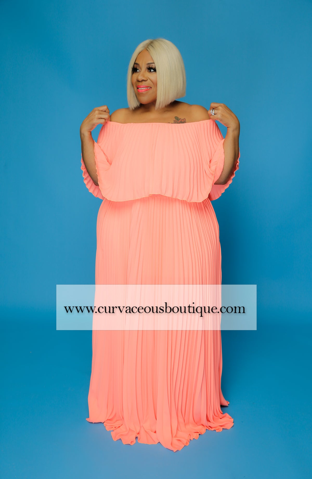 Coral Tiff Pleated Off Shoulder Dress