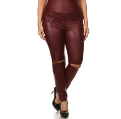 Burgundy Slit Knee Leather Leggings