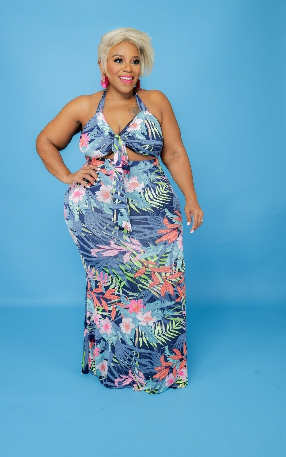 Blue Tropical Skirt Set