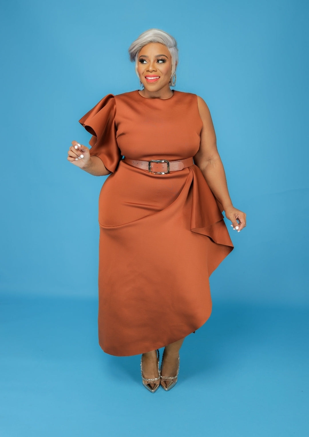 Brown Ruffle Belt Dress