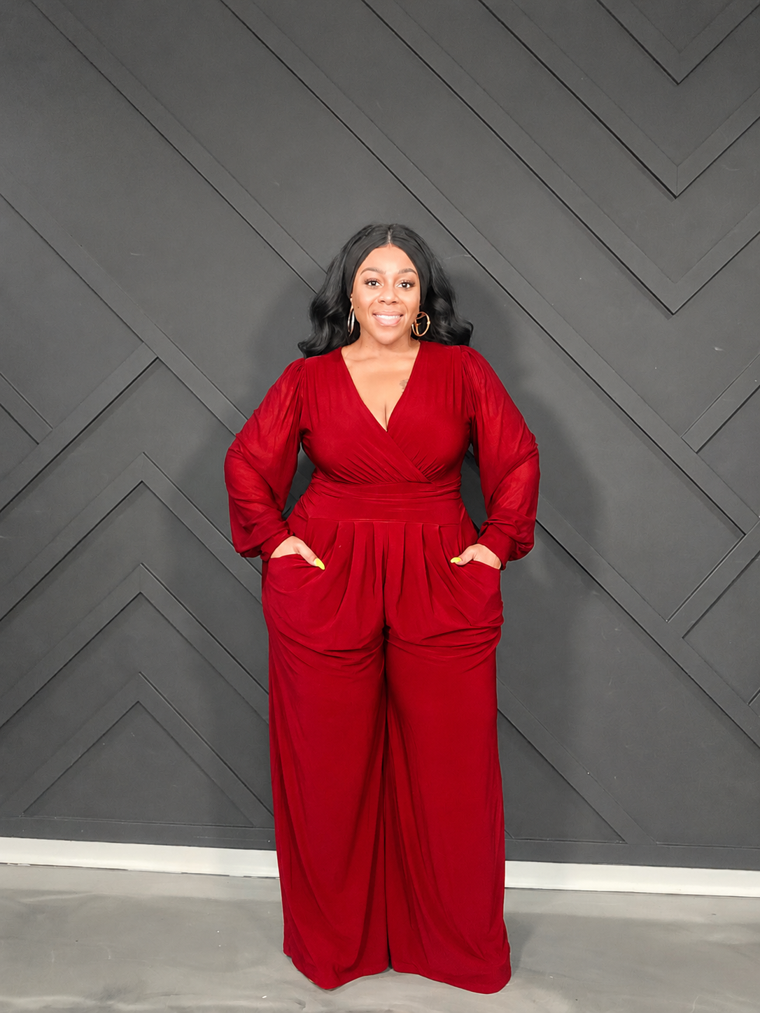 Red Mesh Sleeve Jumpsuit