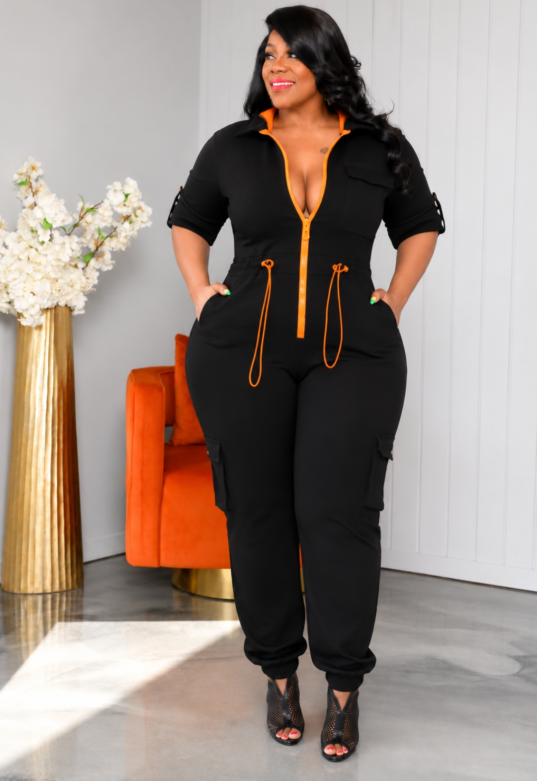 Orange Zipper Cargo Jumpsuit