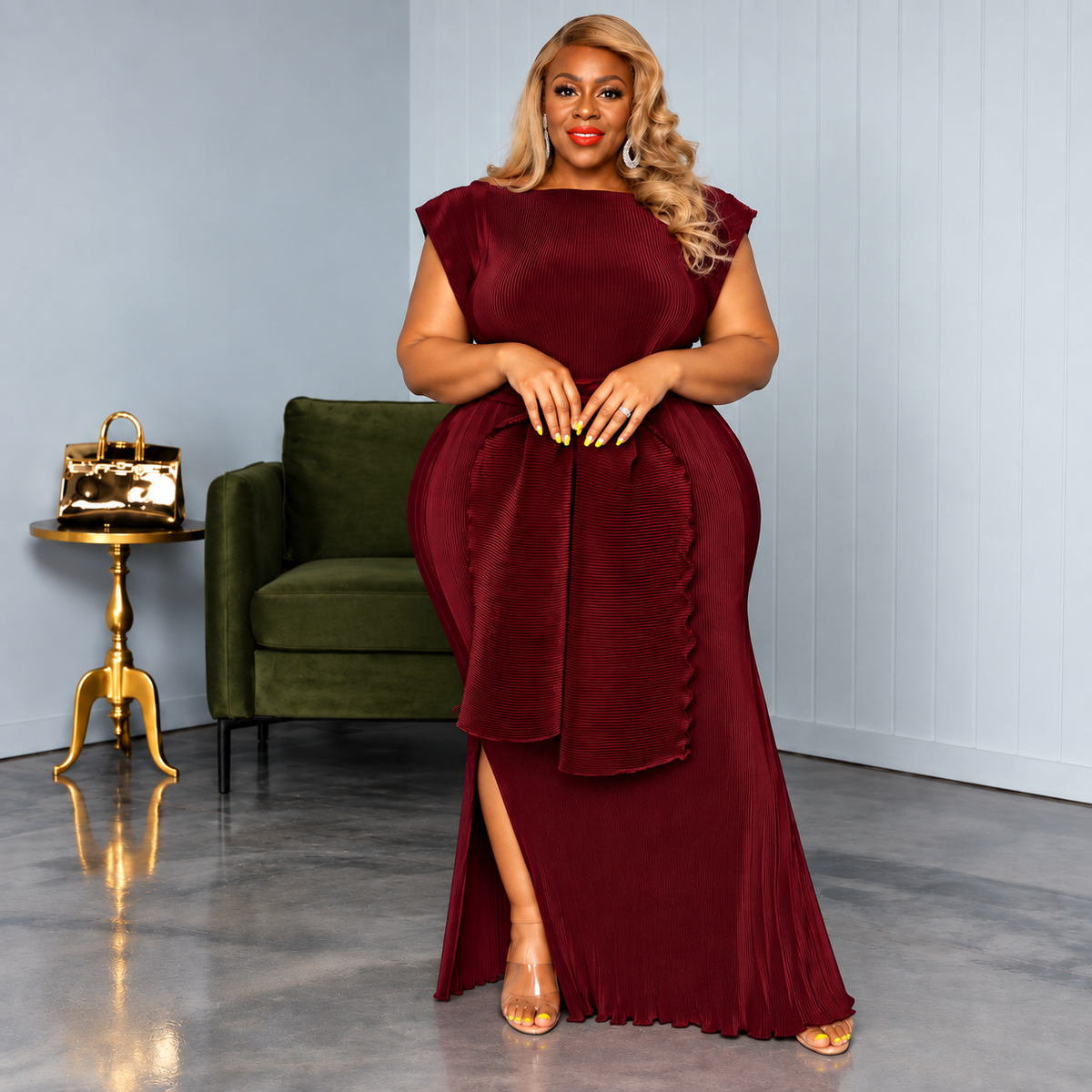 Burgundy Pop Off Pleated Dress