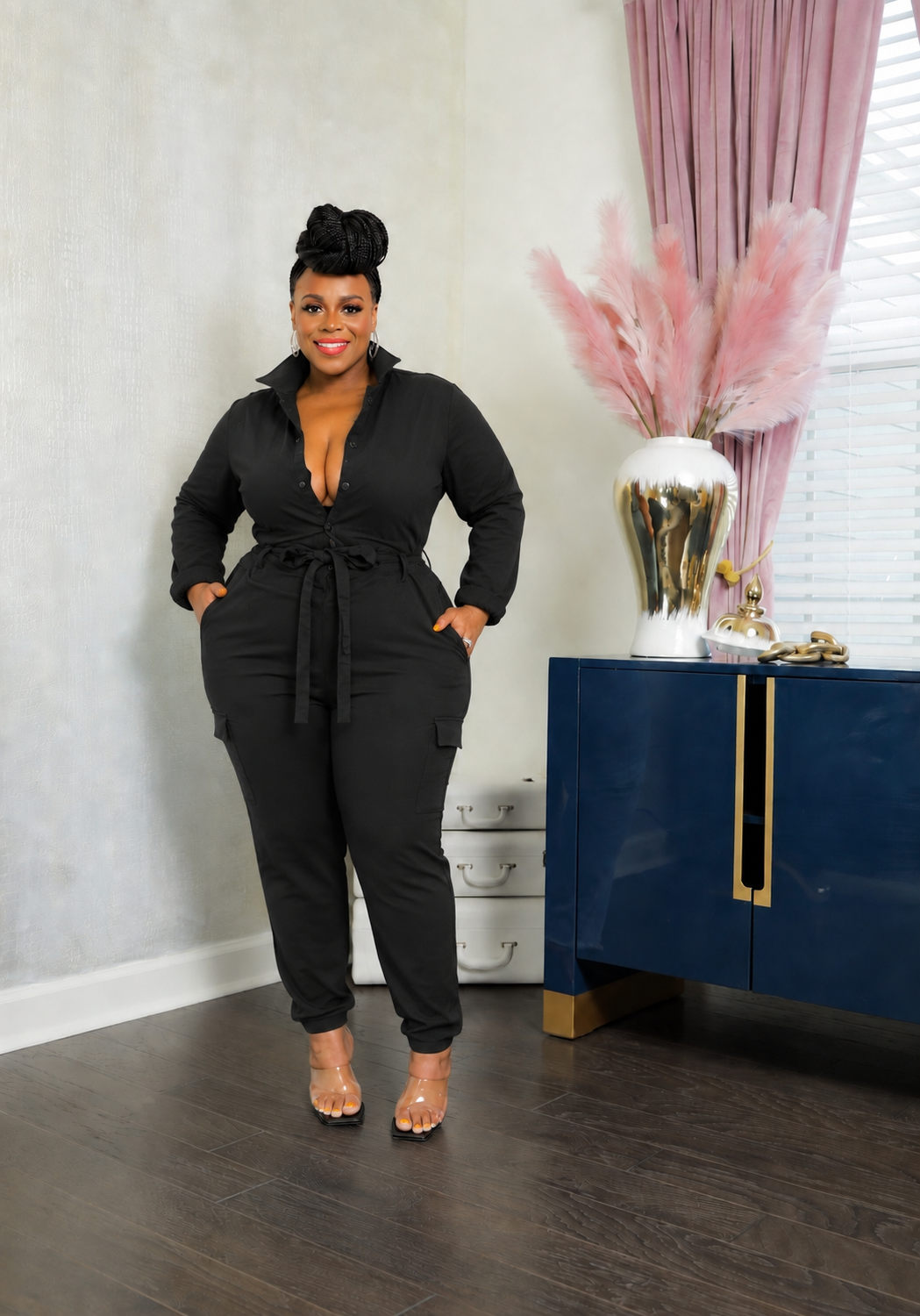 Black Cargo Denim Jumpsuit