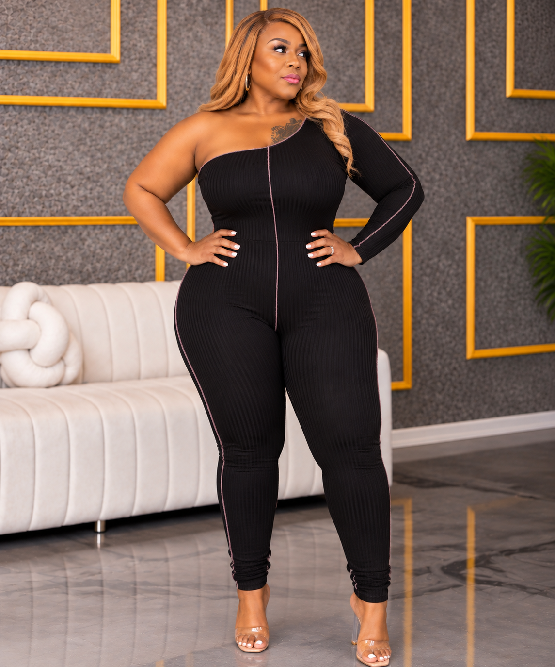 Black Ribbed One Sleeve Catsuit