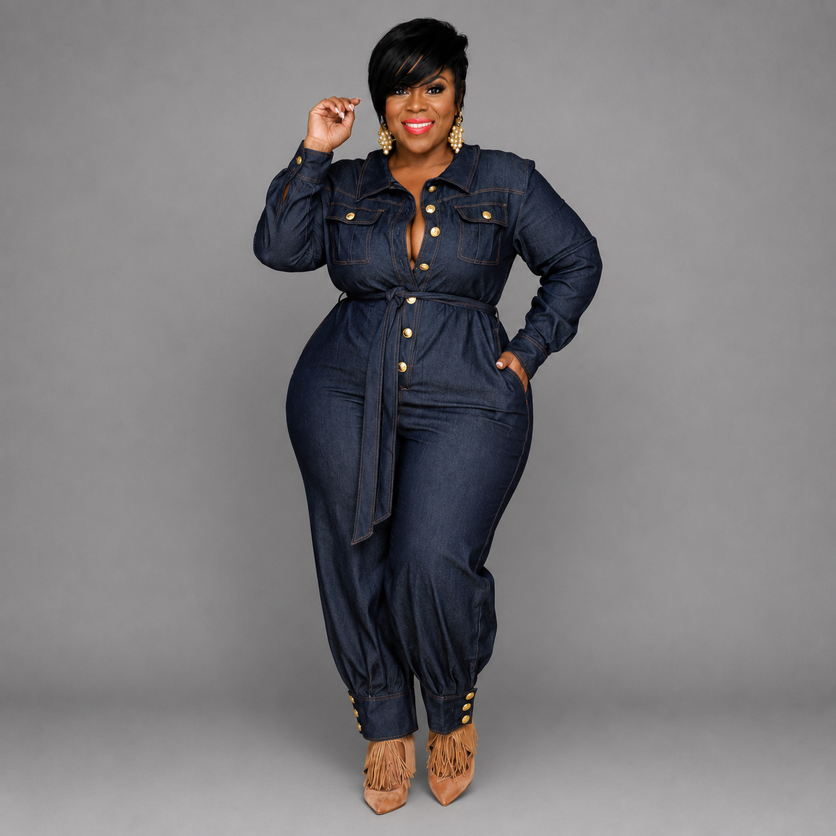 Denim Gold Button Jumpsuit