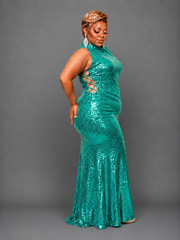 Aqua Cut-Out Sequin Gown