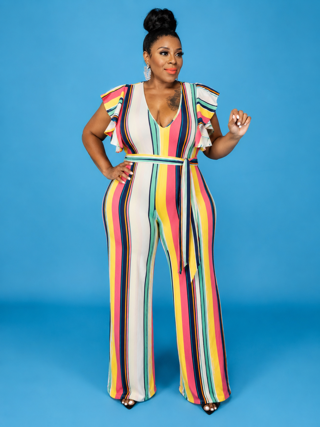 Stripe Ruffle Shoulder Jumpsuit