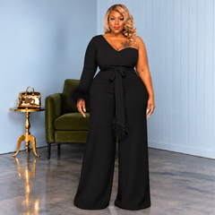 Black Feather Sleeve Jumpsuit