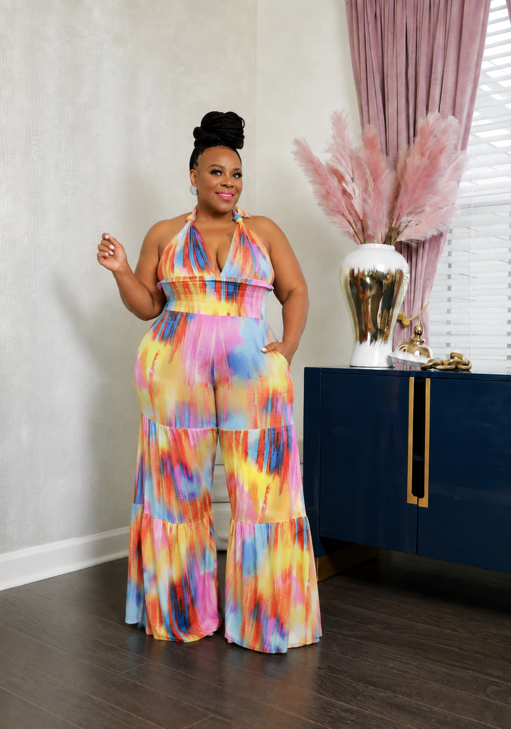 Yellow Print Halter jumpsuit