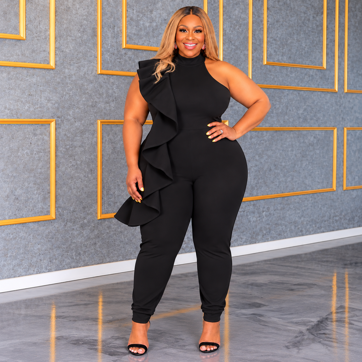 Black Side Cascading Jumpsuit