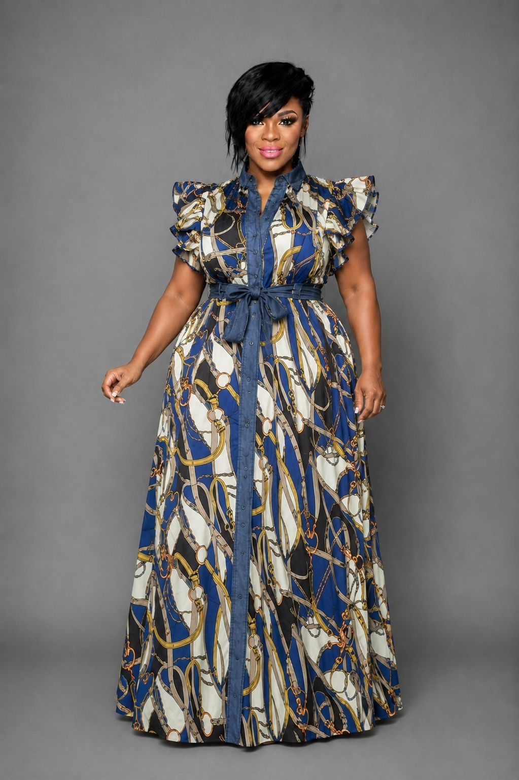 Blue Chiffon Denim Trim Dress