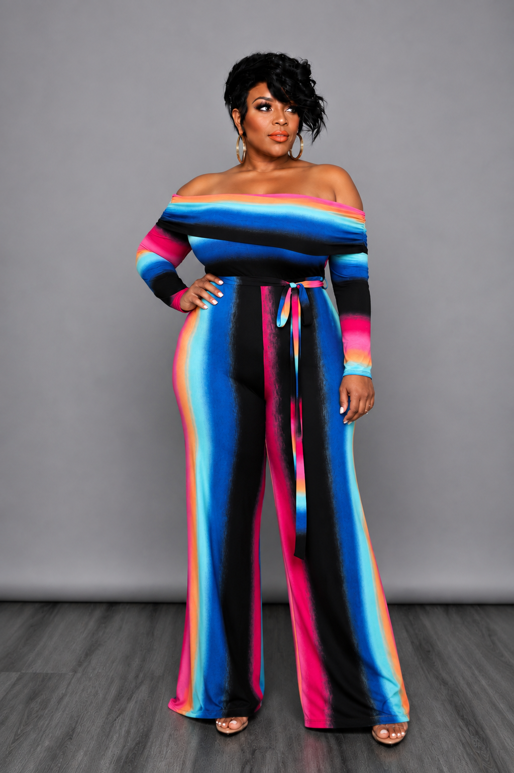 Off Shoulder Stripe Jumpsuit