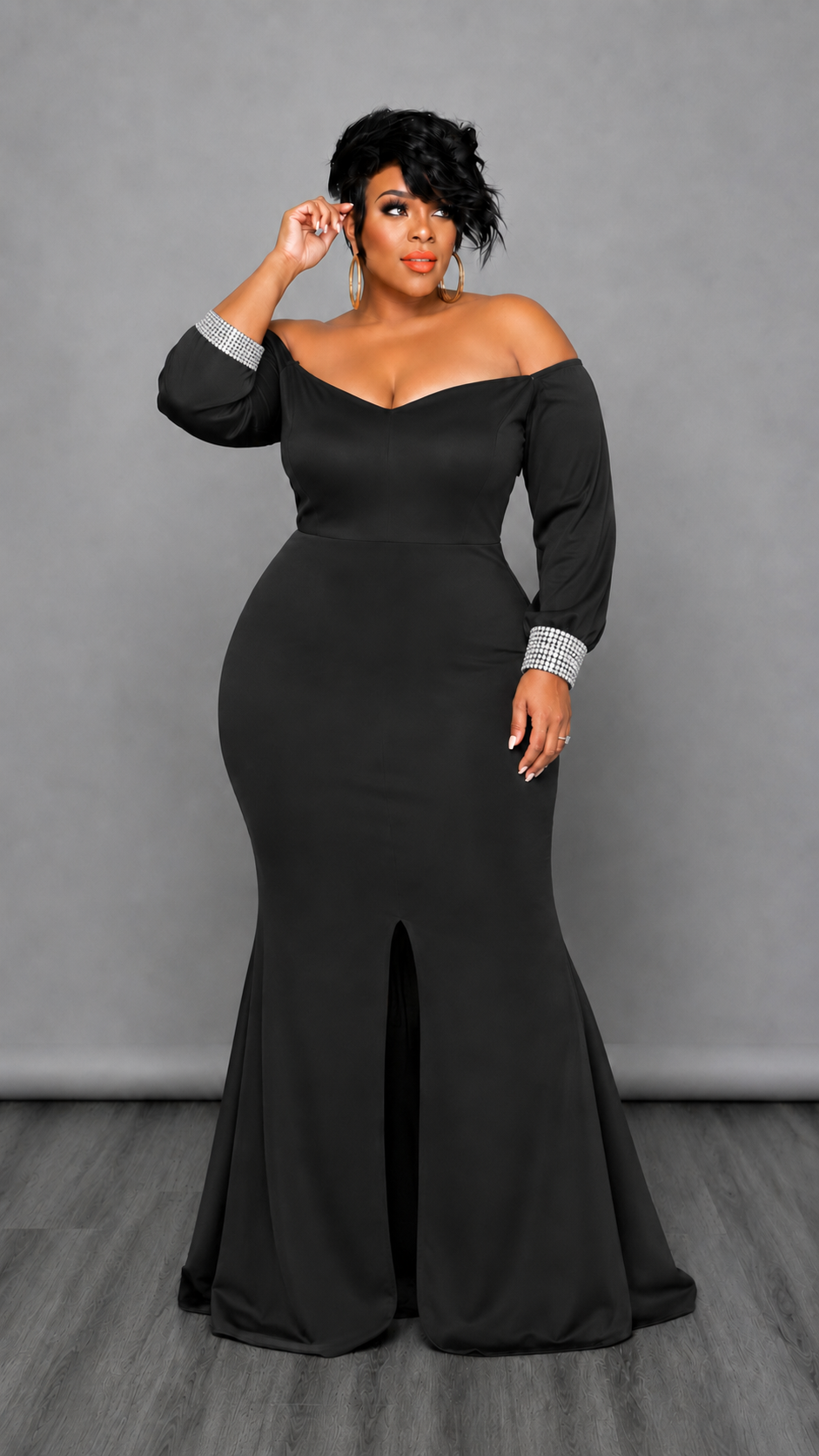 Black Rhinestone Cuff Gown