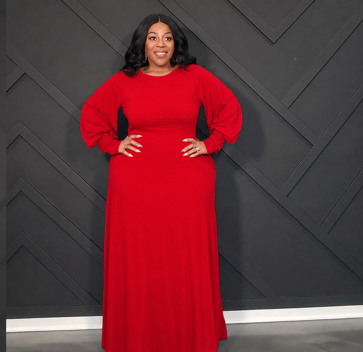 Red Balloon Sleeve Dress
