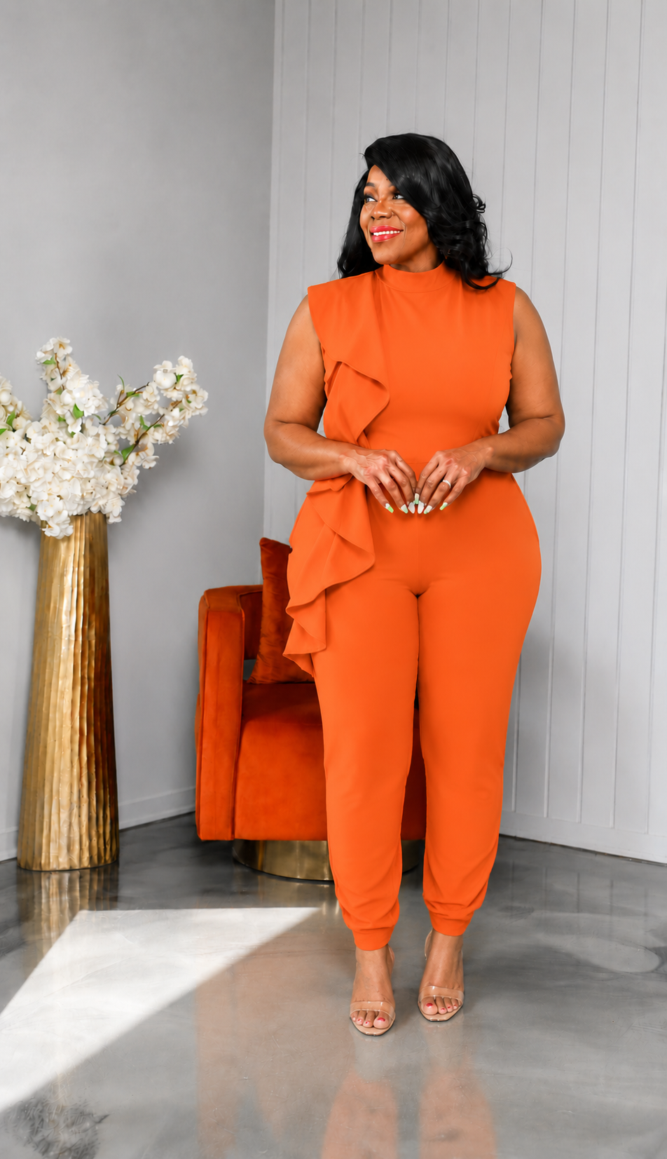 Orange Side Cascading Jumpsuit