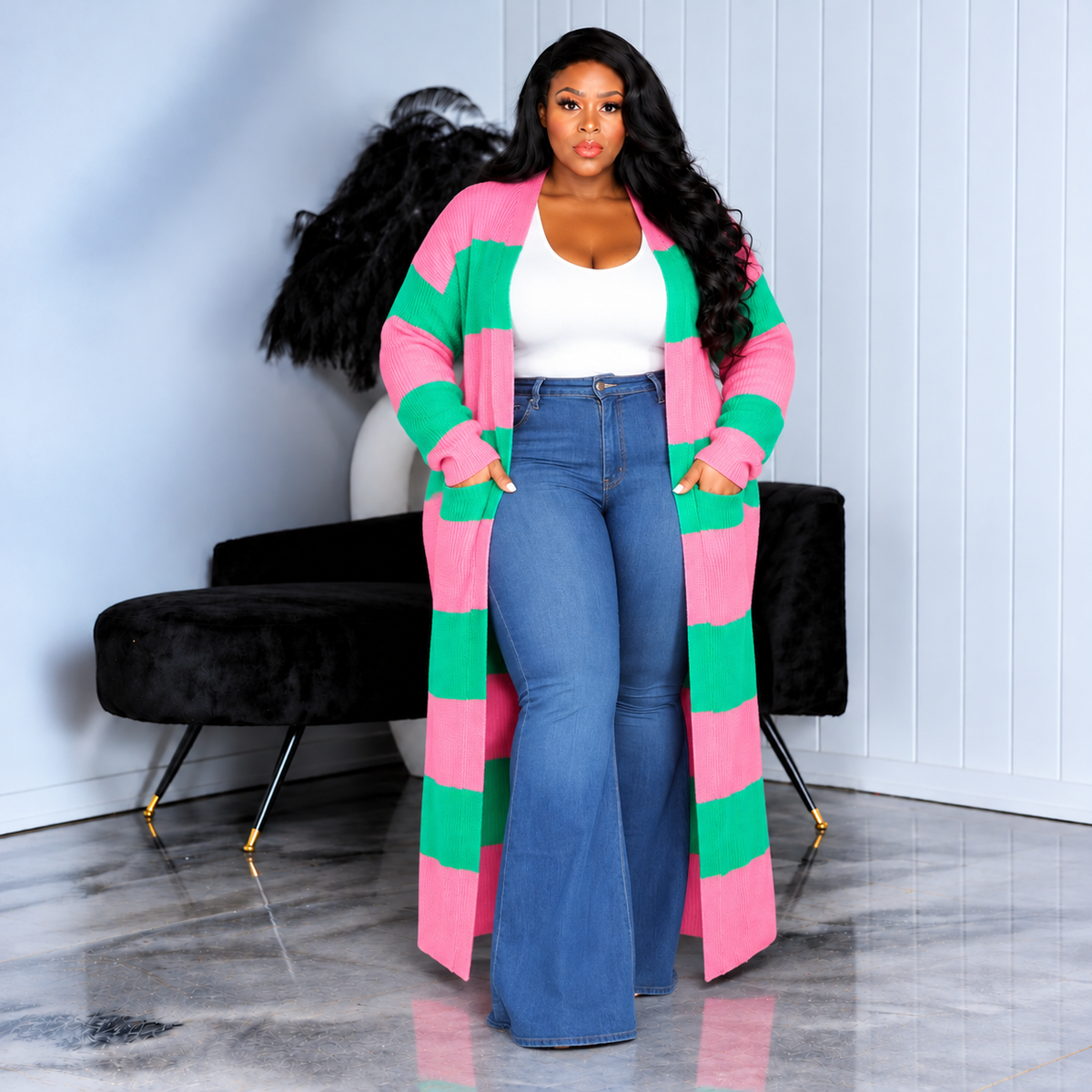 Green & Pink Stripe Knit Cardigan