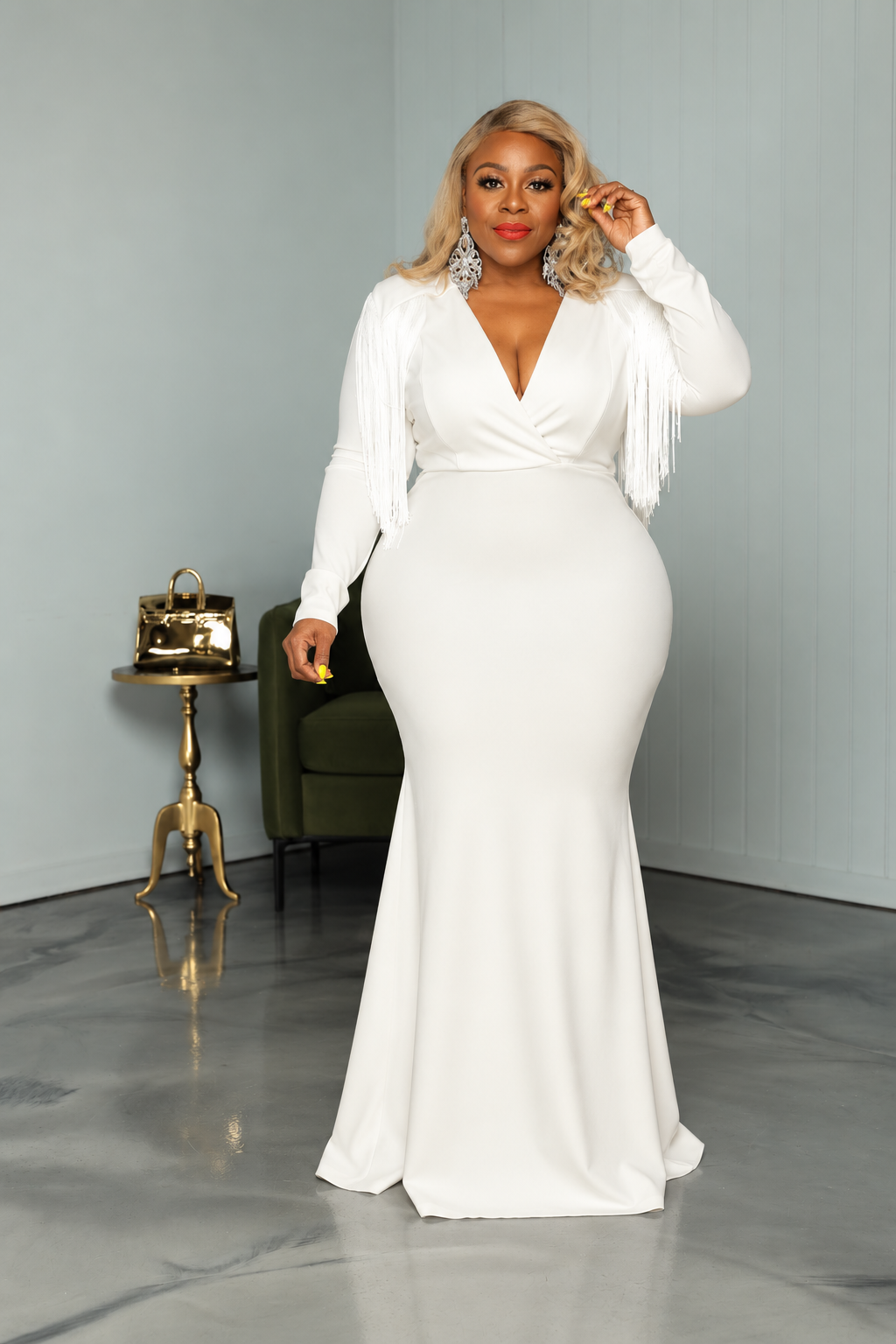 Ivory Glam Fringe Gown