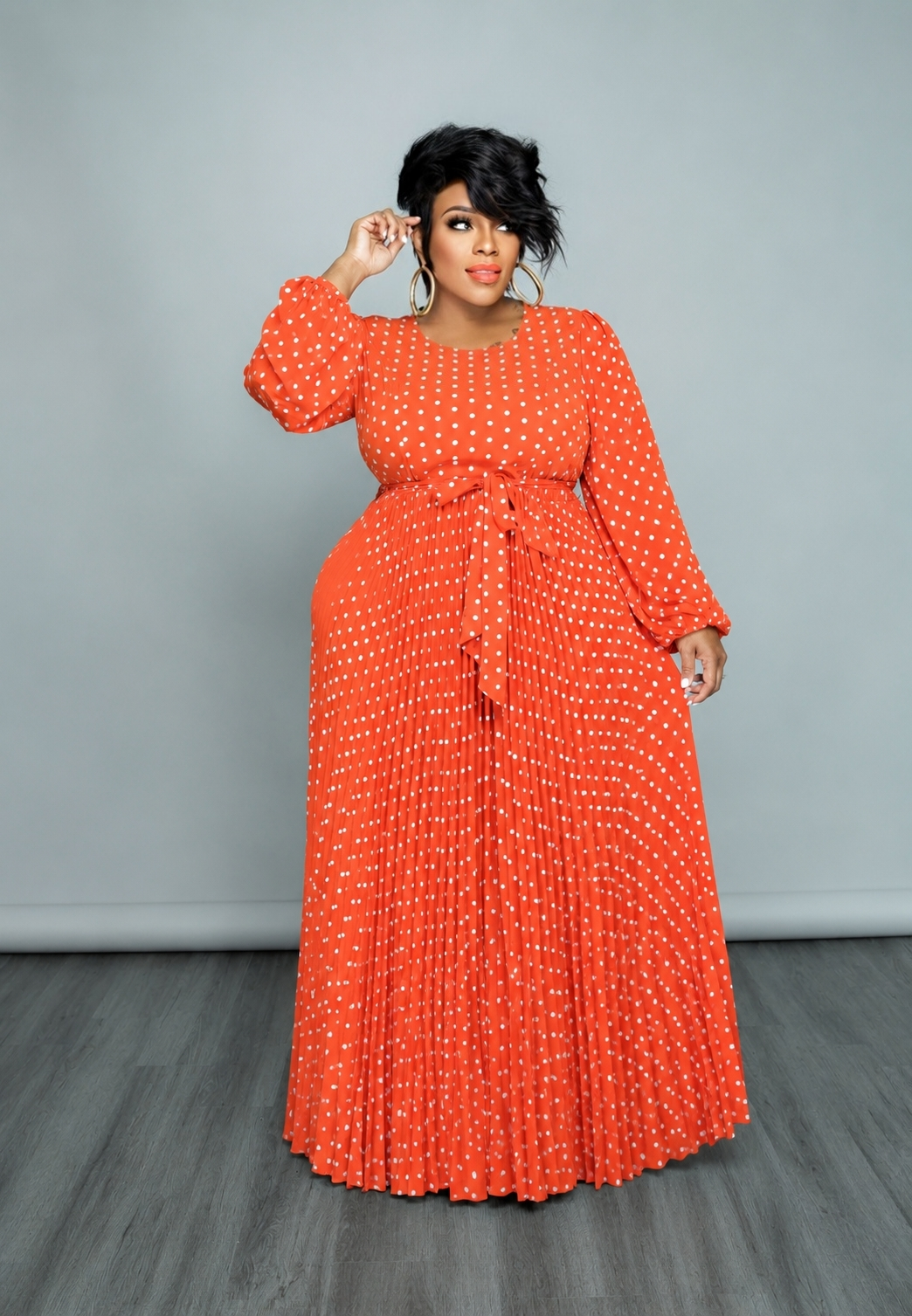 Orange Polka Dot Pleated Dress
