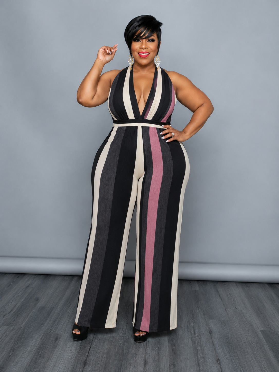 Grey & Pink Wide Stripe Jumpsuit