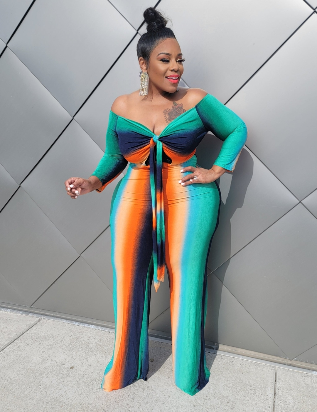 Green Stripe Off Shoulder Jumpsuit
